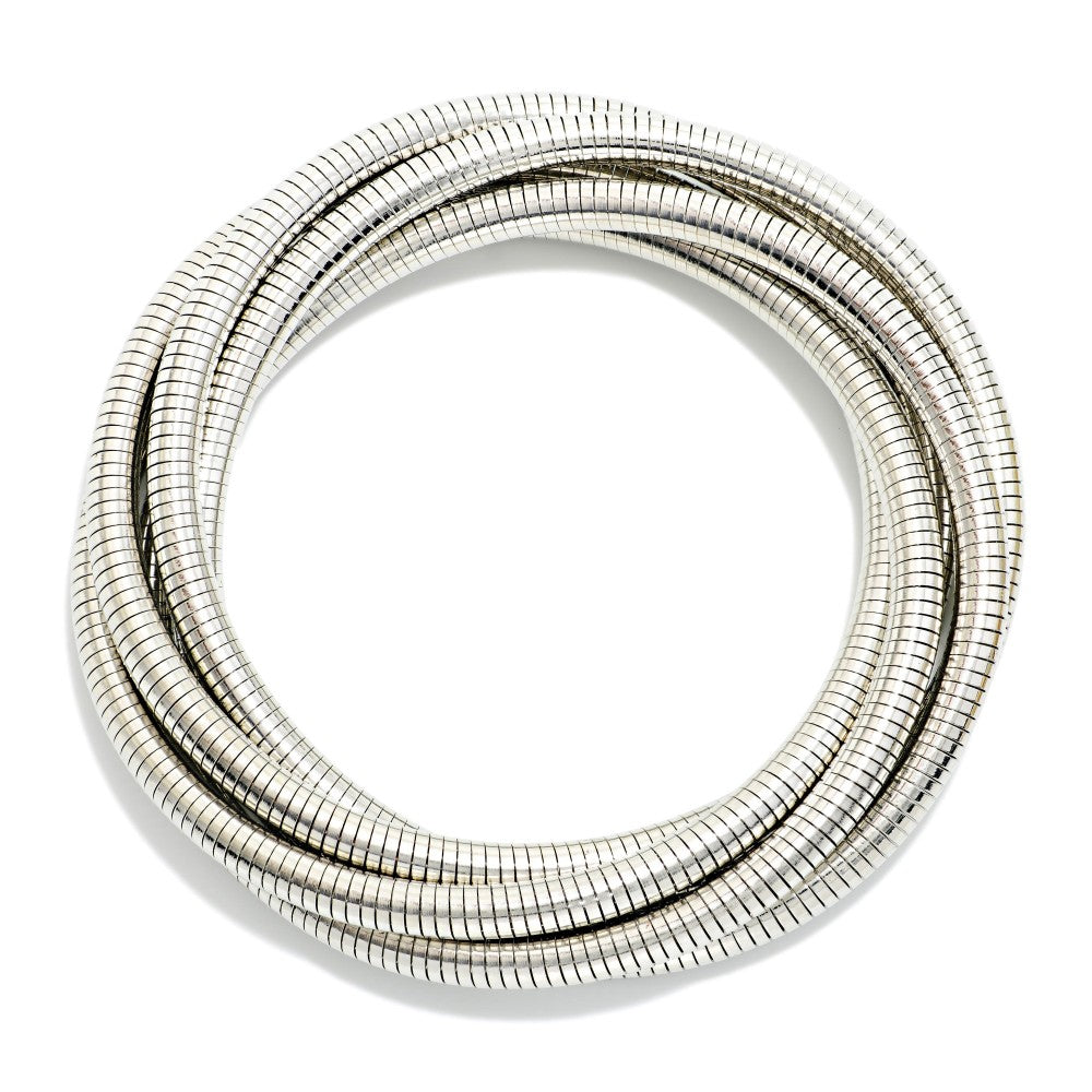 Layered Metal Tone Coiled Stretch Bracelet - Silver