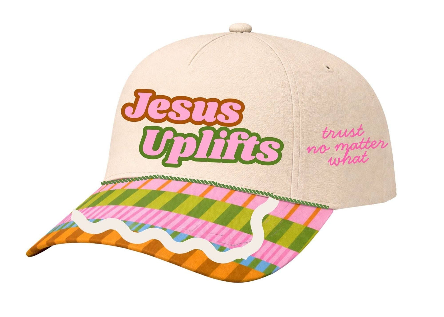 "Jesus Uplifts" on Tan Cap With Patch Work
