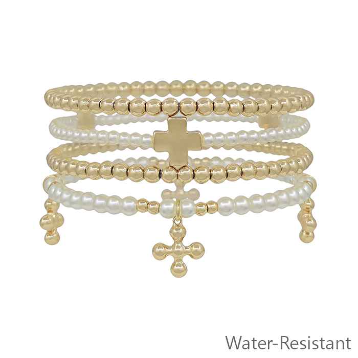 Water Resistant Set of 4 Pearl Beaded with Gold Beaded Cross Charm Stretch Bracelets