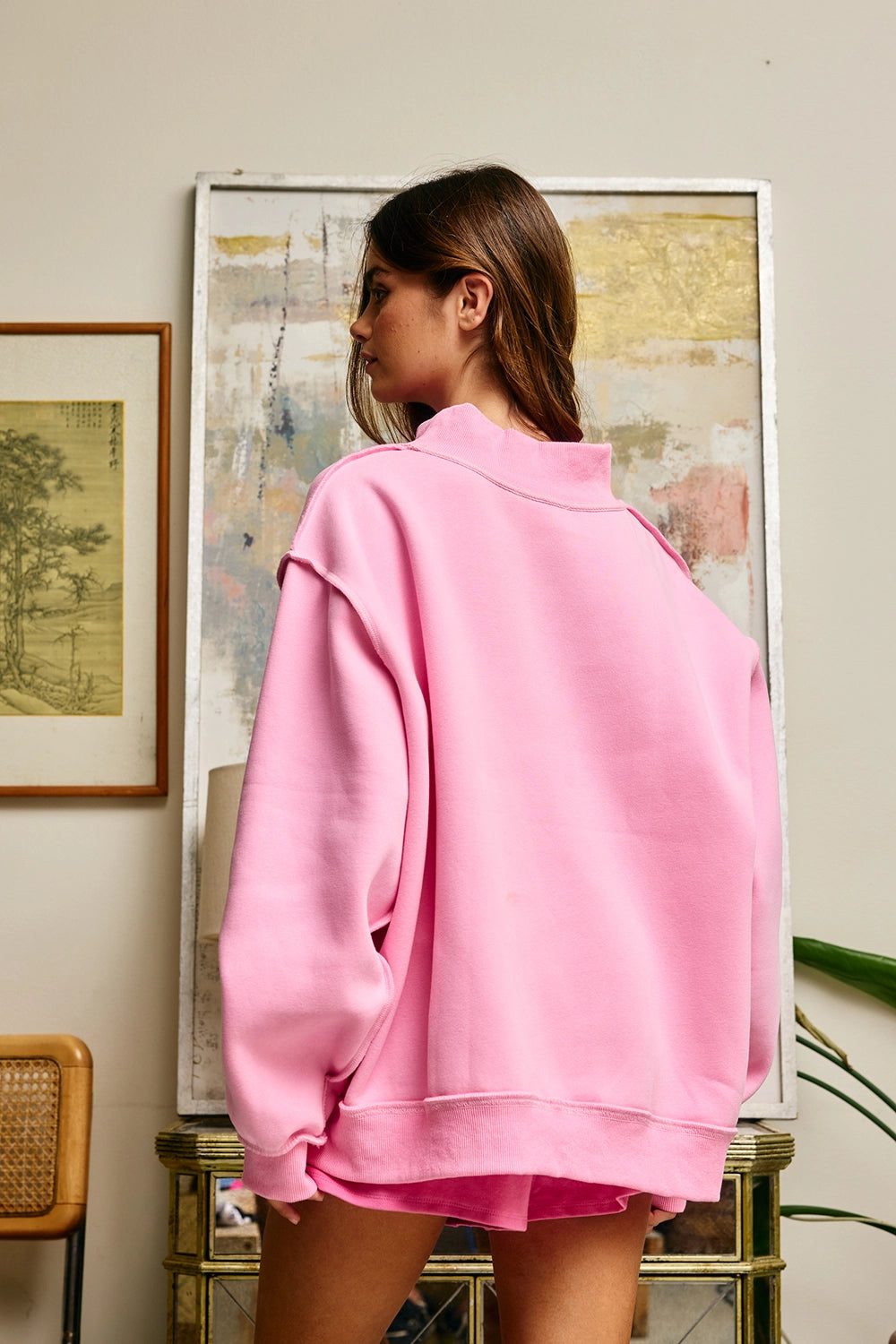PILATES EMBROIDERED MOCKNECK SWEATSHIRT - PINK GINGHAM