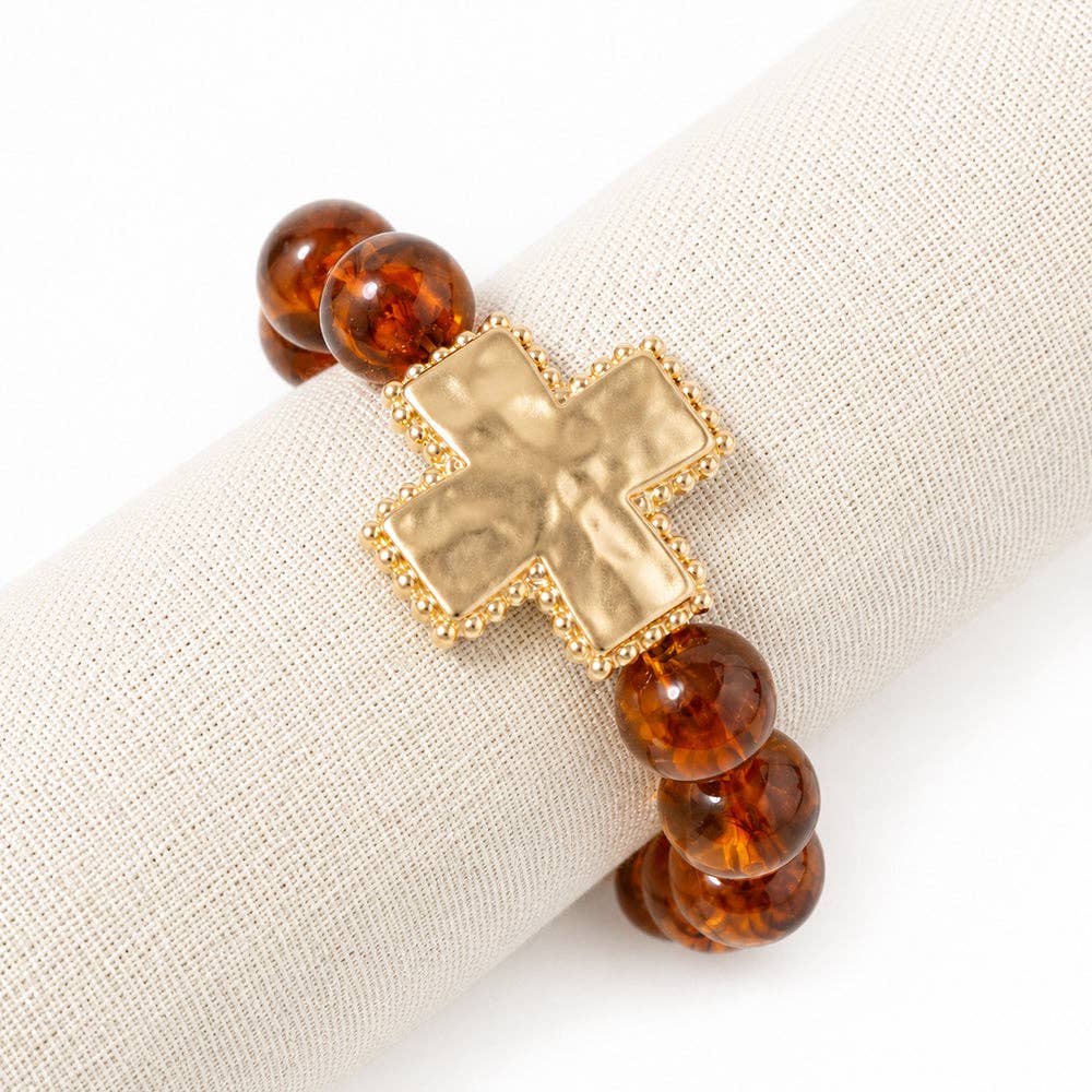 Brown Beaded with Hammered Squared Cross Stretch Bracelet