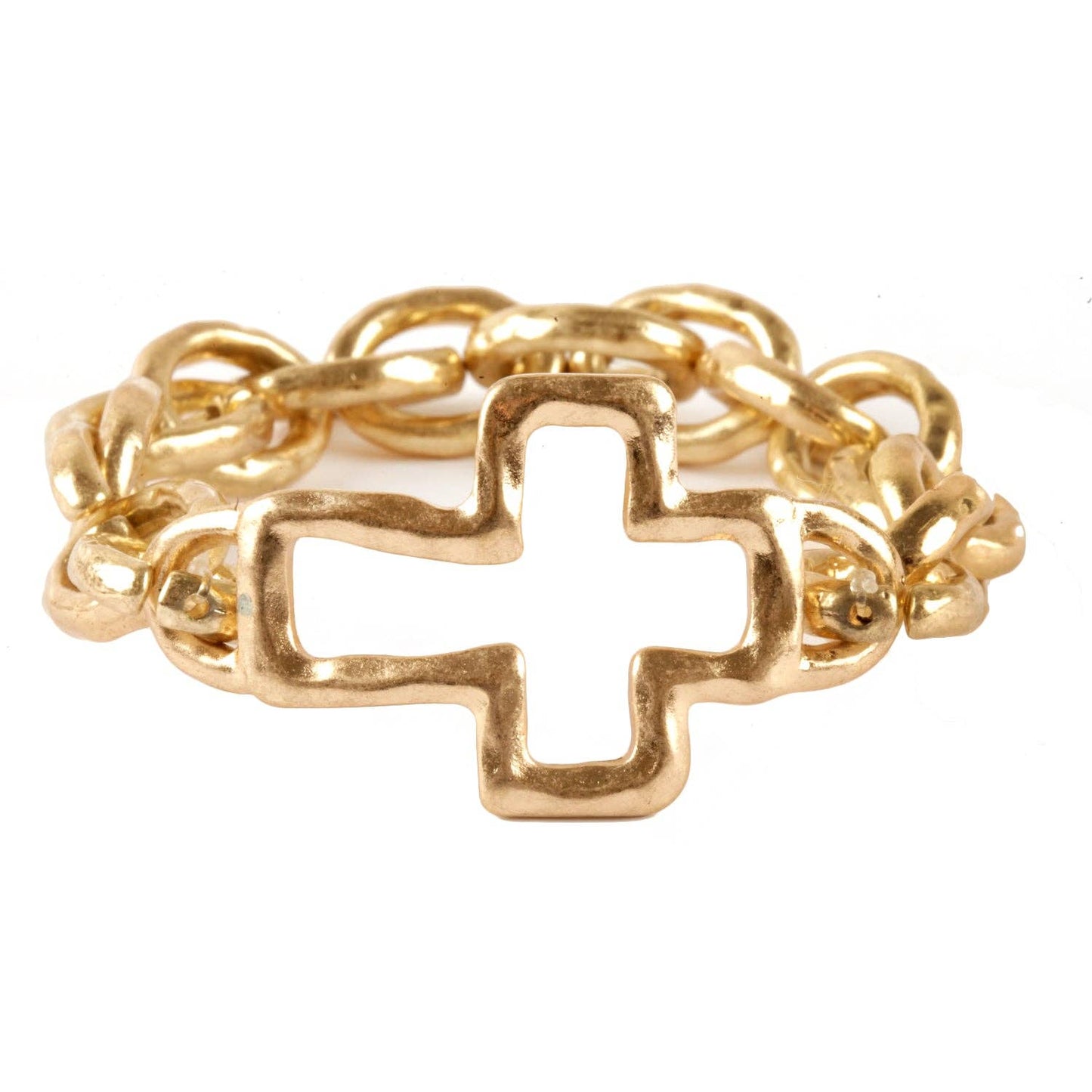 Worn Gold Linked Stretch Bracelet with Cross