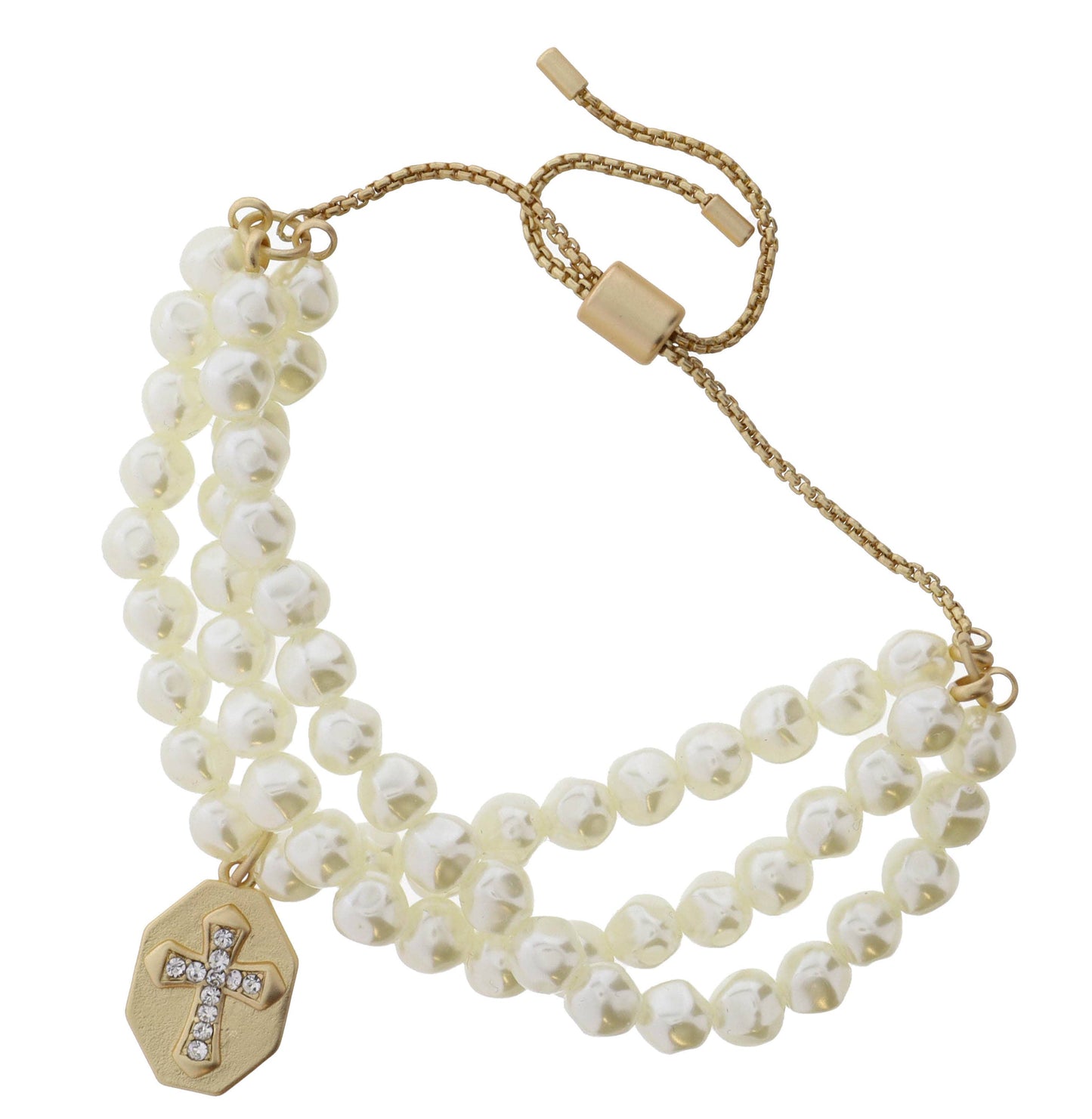 Set of 3, Pearl & Gold and Crystal Cross on Shield Bracelet