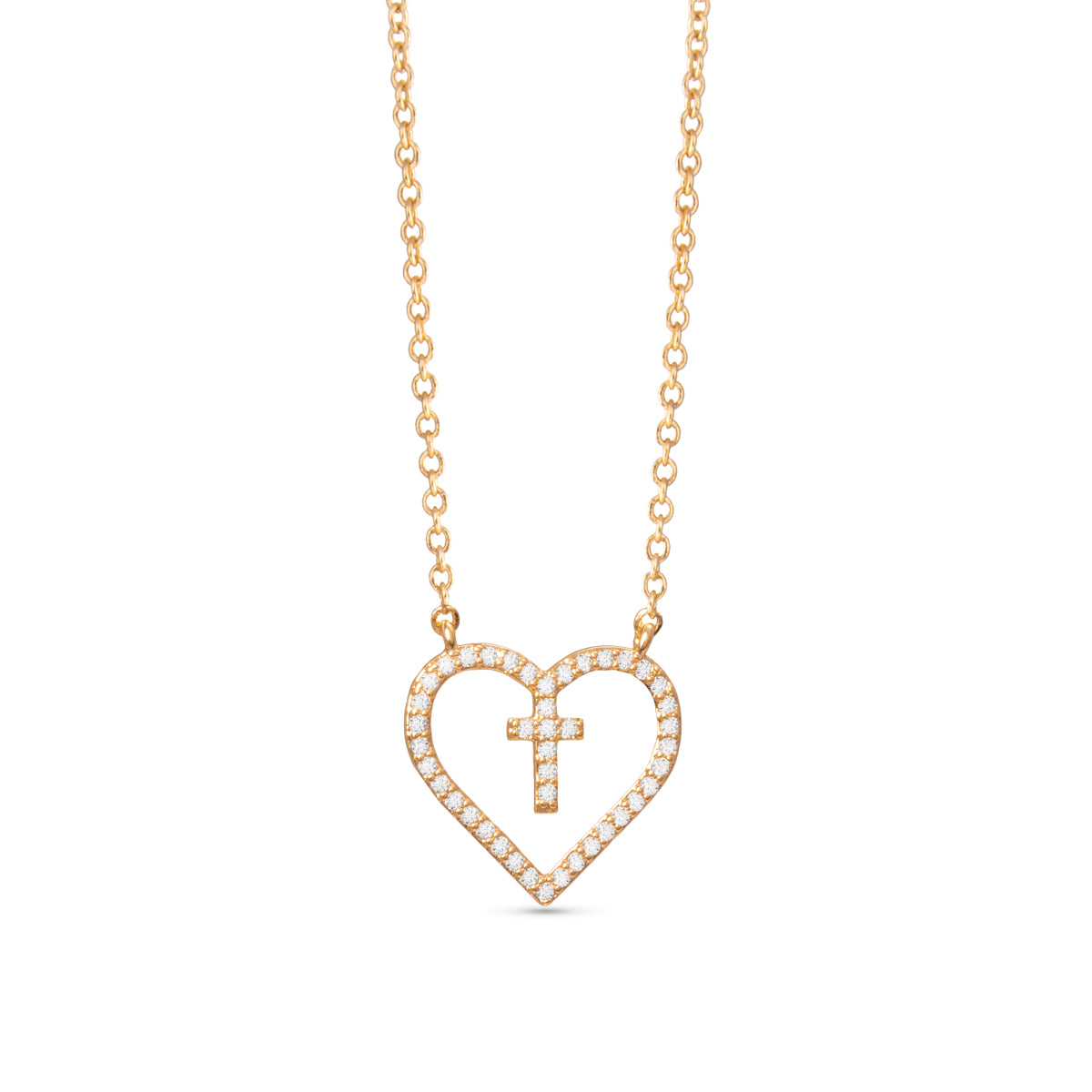 Gold Heart with Inset Cross Necklace - Gold