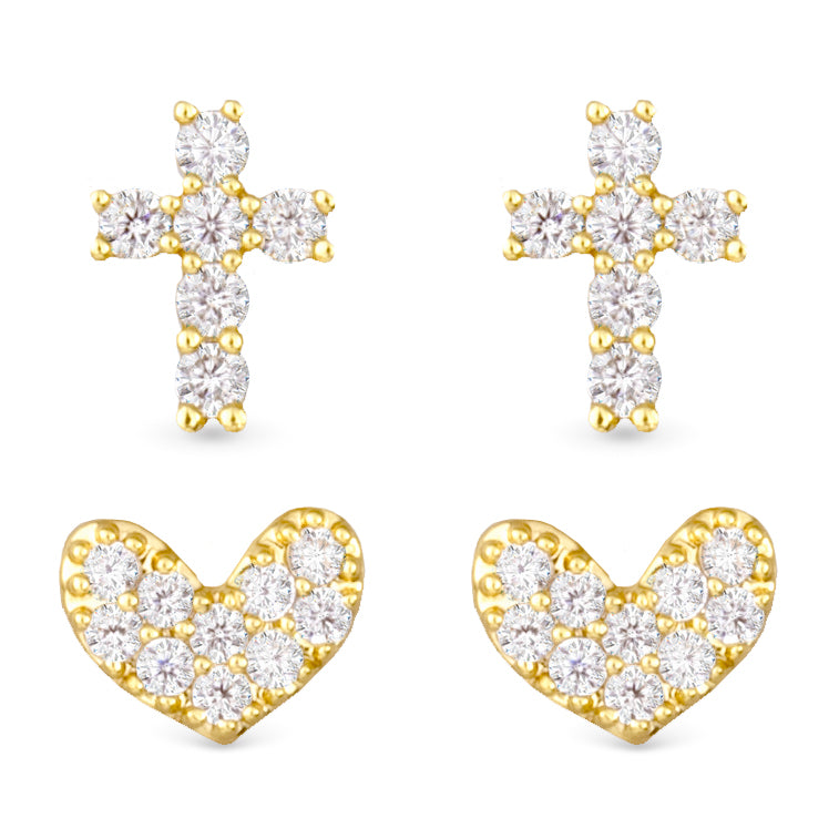 Pave Cross and Heart Duo Earring Set - Gold