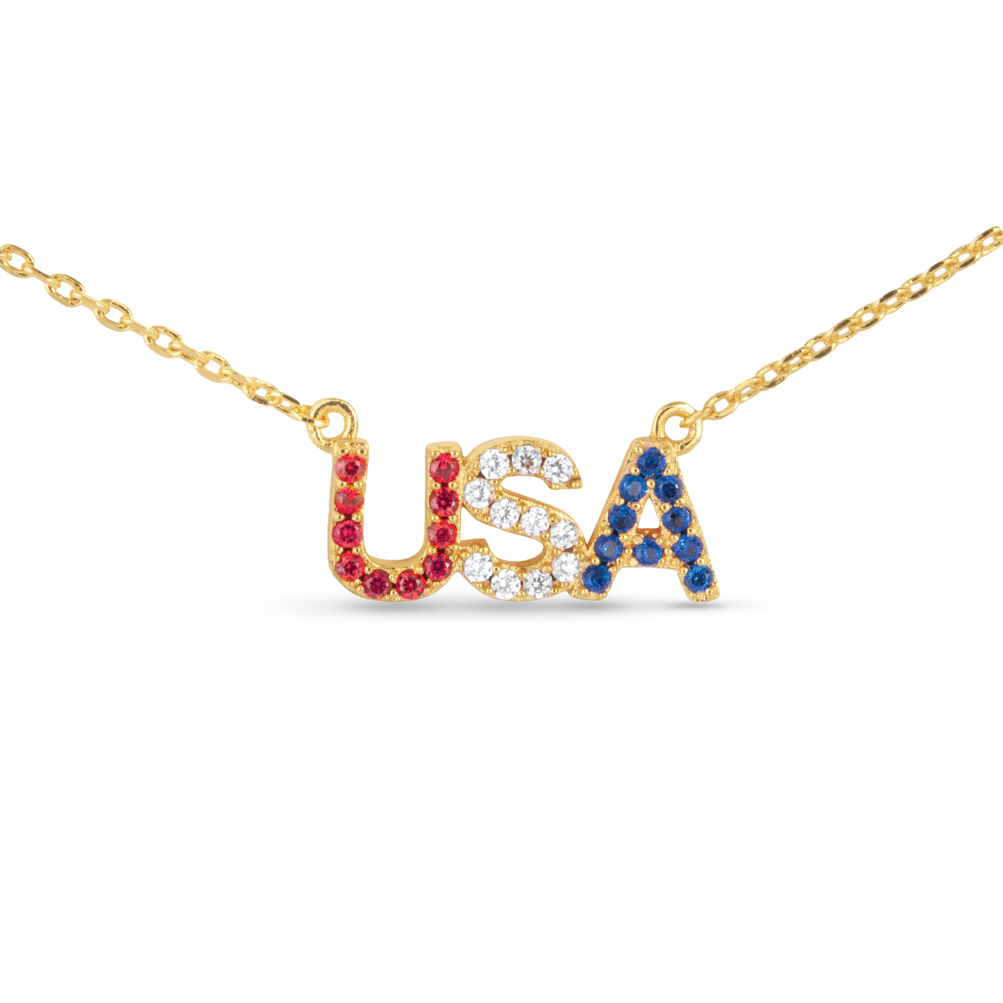 Gold Red White Blue Crystal USA Necklace