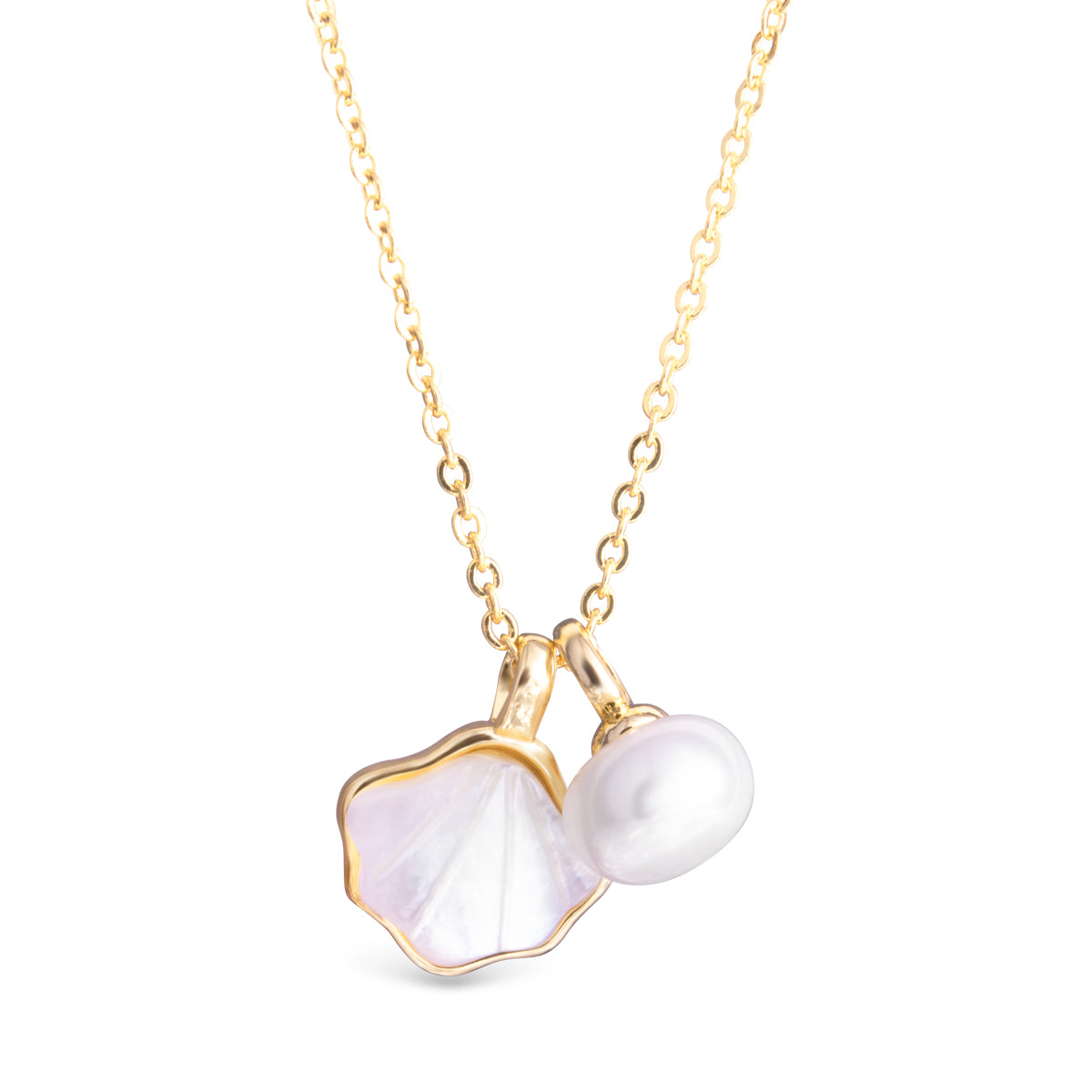 Mother of Pearl Shell and Pearl Necklace - Gold