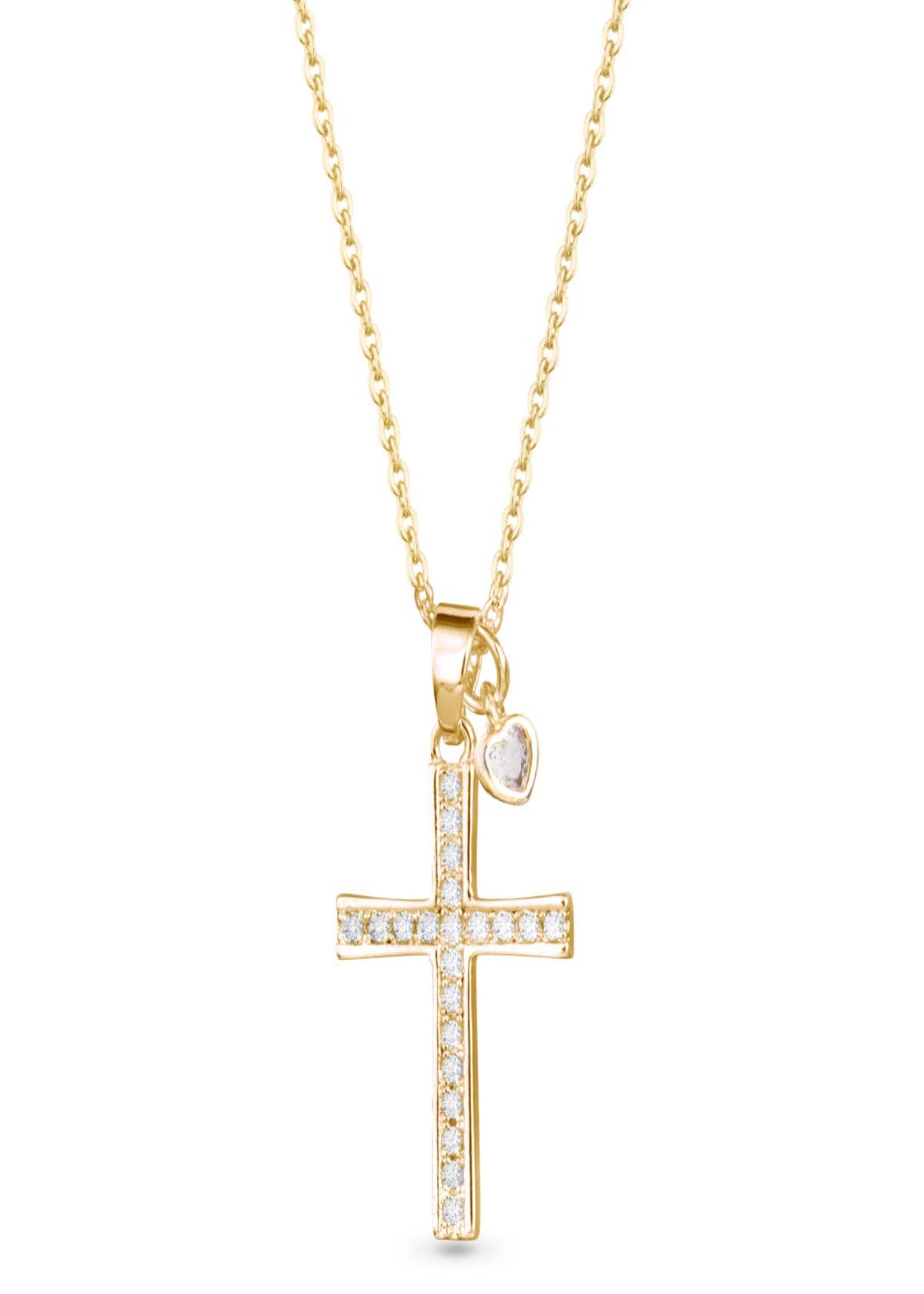 Pave Cross with Heart Droplet Necklace - Gold