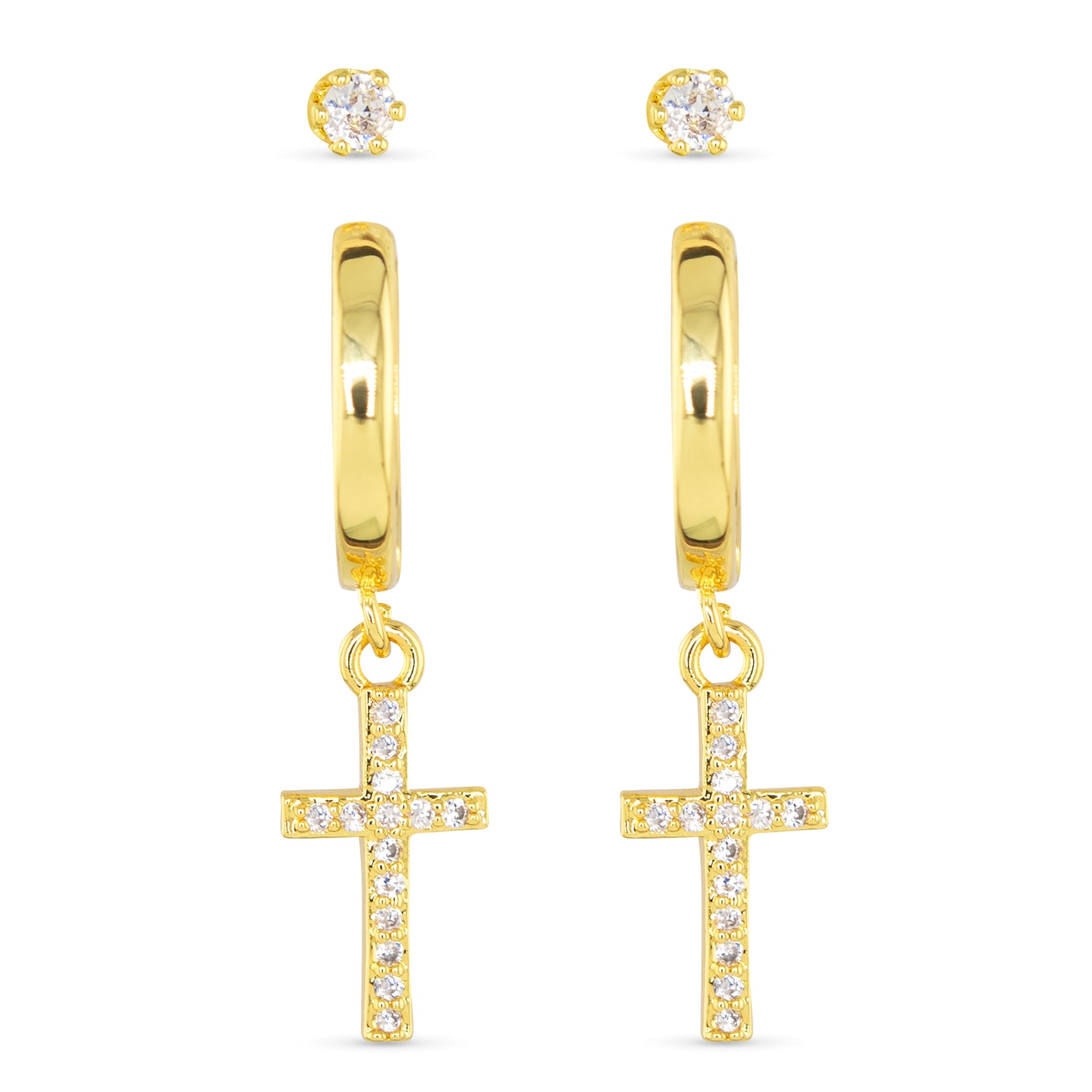 Gold Cross & Stud Duo Earrings