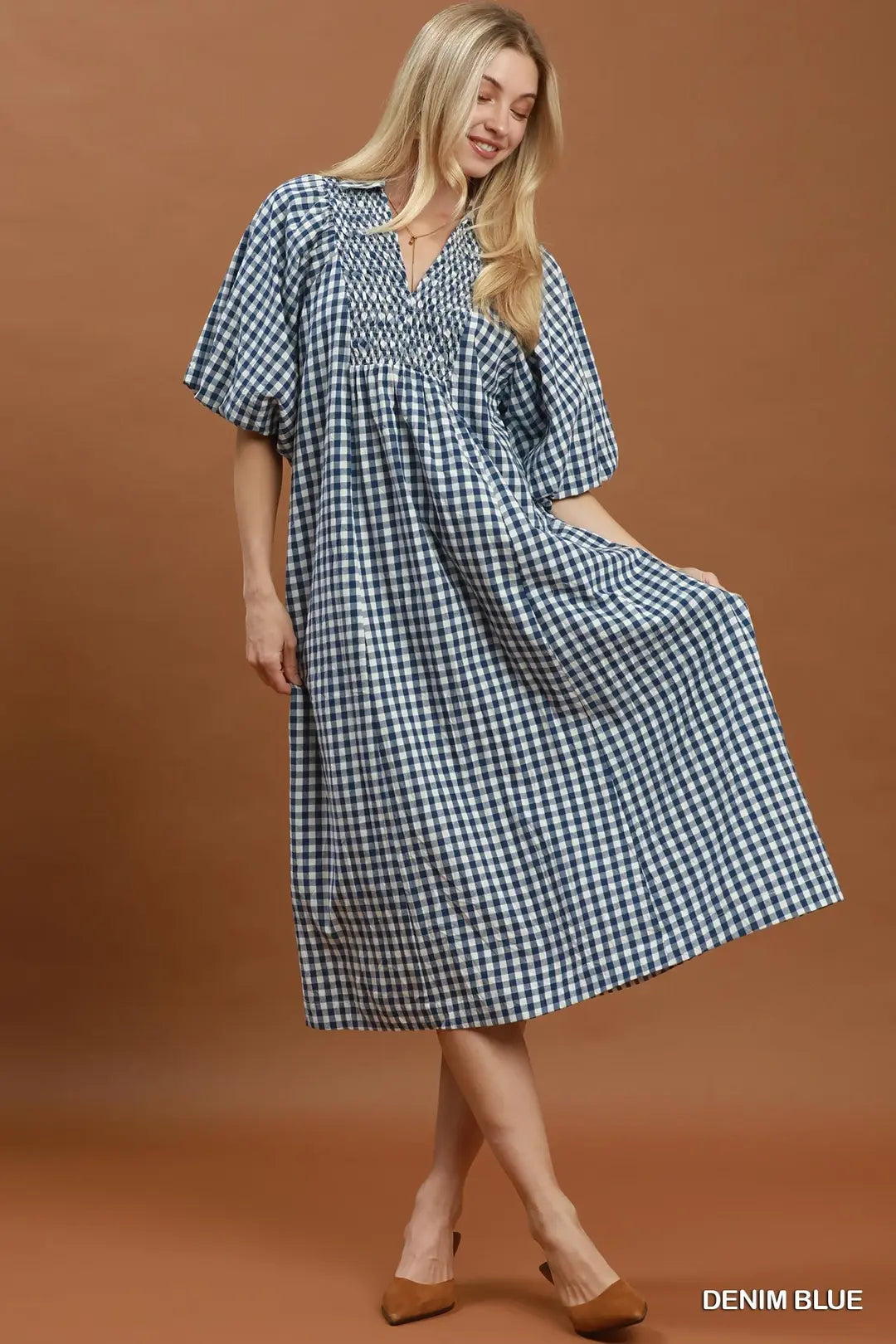 CHECKERED DRESS - DENIM BLUE