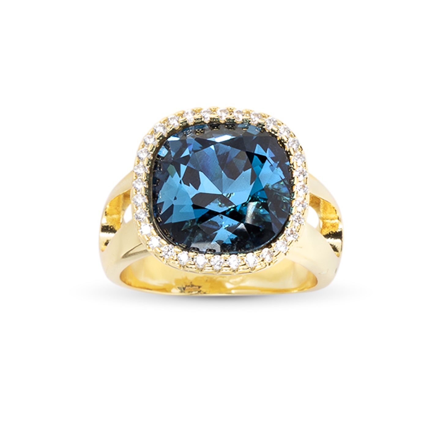 Gold CZ and Large Crystal Blue Ring