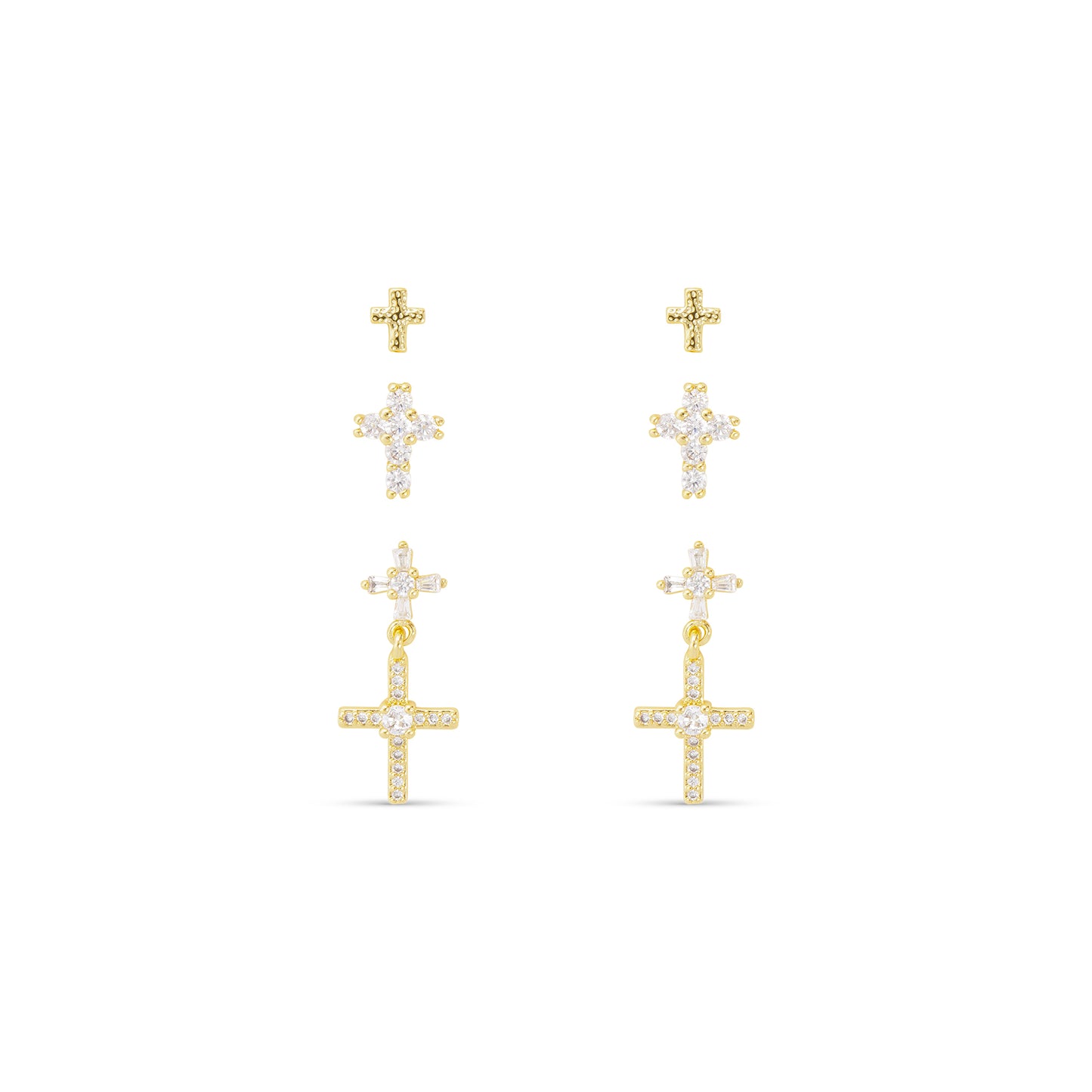 Gold CZ Trio Cross with Drop Earrings
