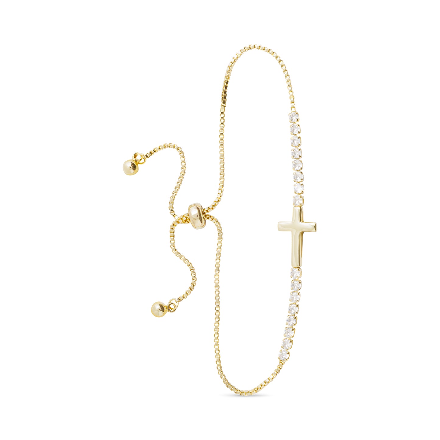 Gold CZ and Smooth Cross Pull Cord Bracelet