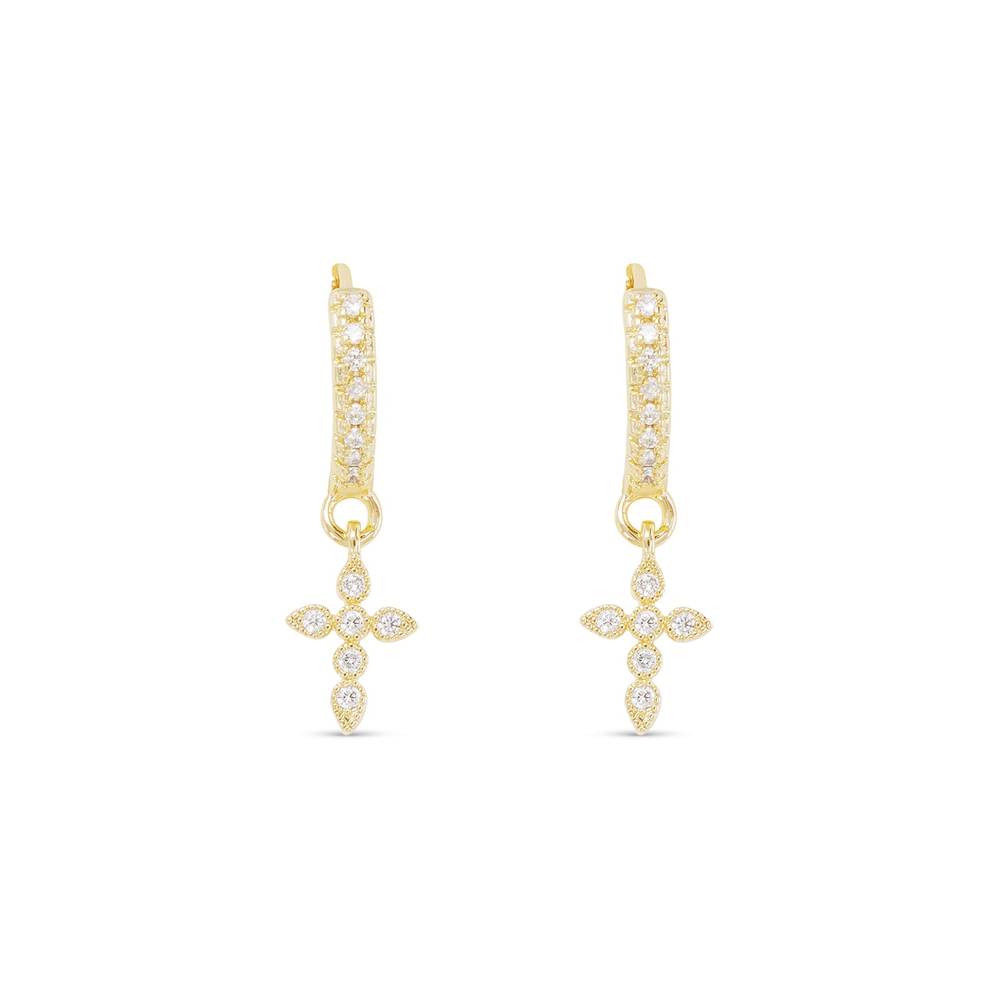 Gold CZ Hoop Small Cross Drop Earrings
