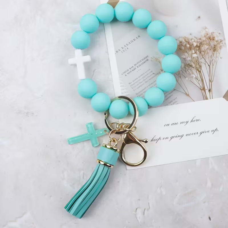 SILICONE BEADED WRISTLET KEYCHAIN WITH CROSS - MINT GREEN