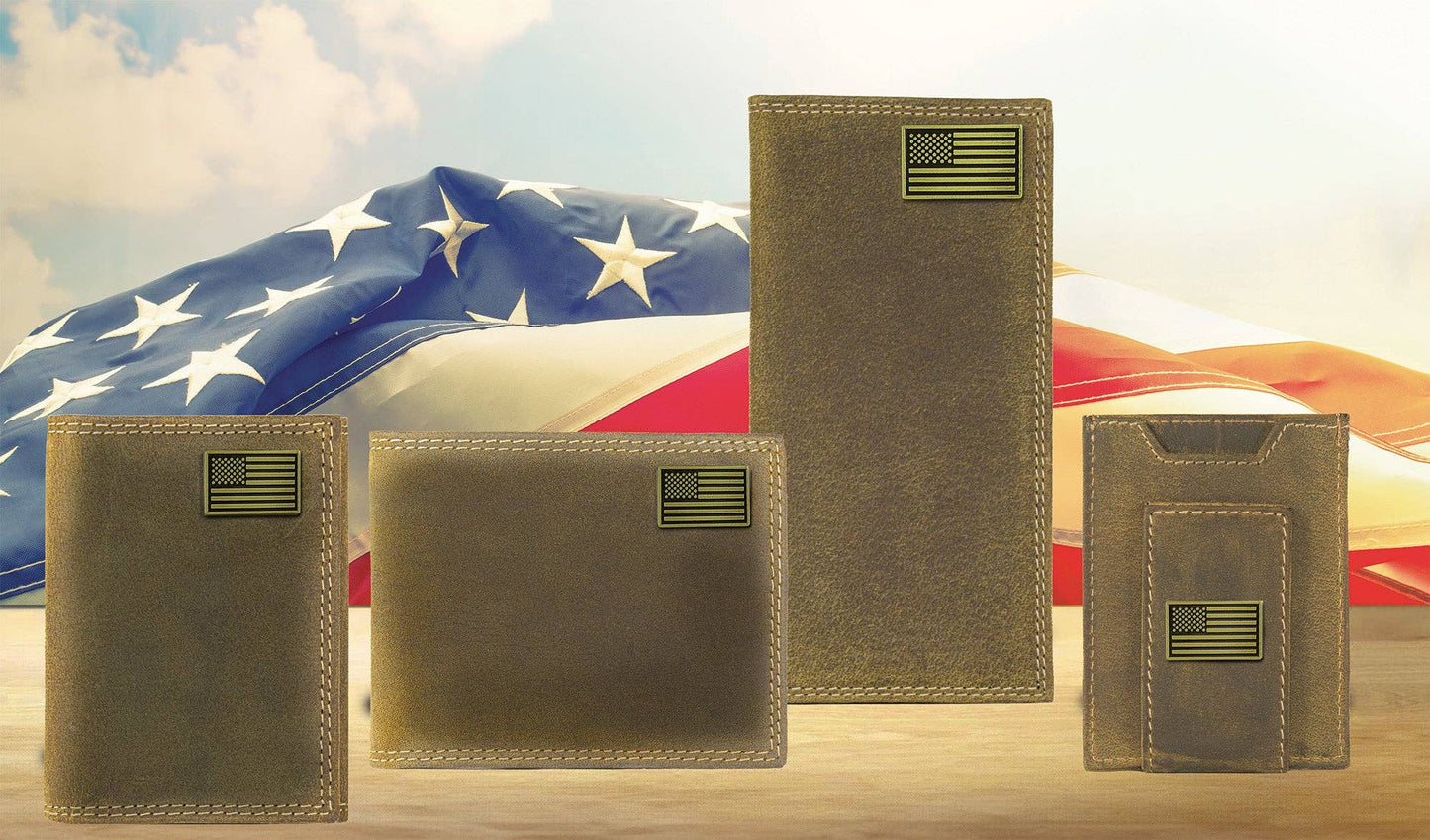 American Flag Vintage Tan Leather Trifold Wallet