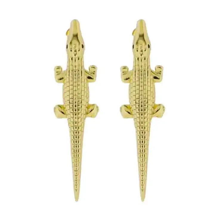 GOLD ALLIGATOR EARRINGS GREEN CRYSTAL EYES