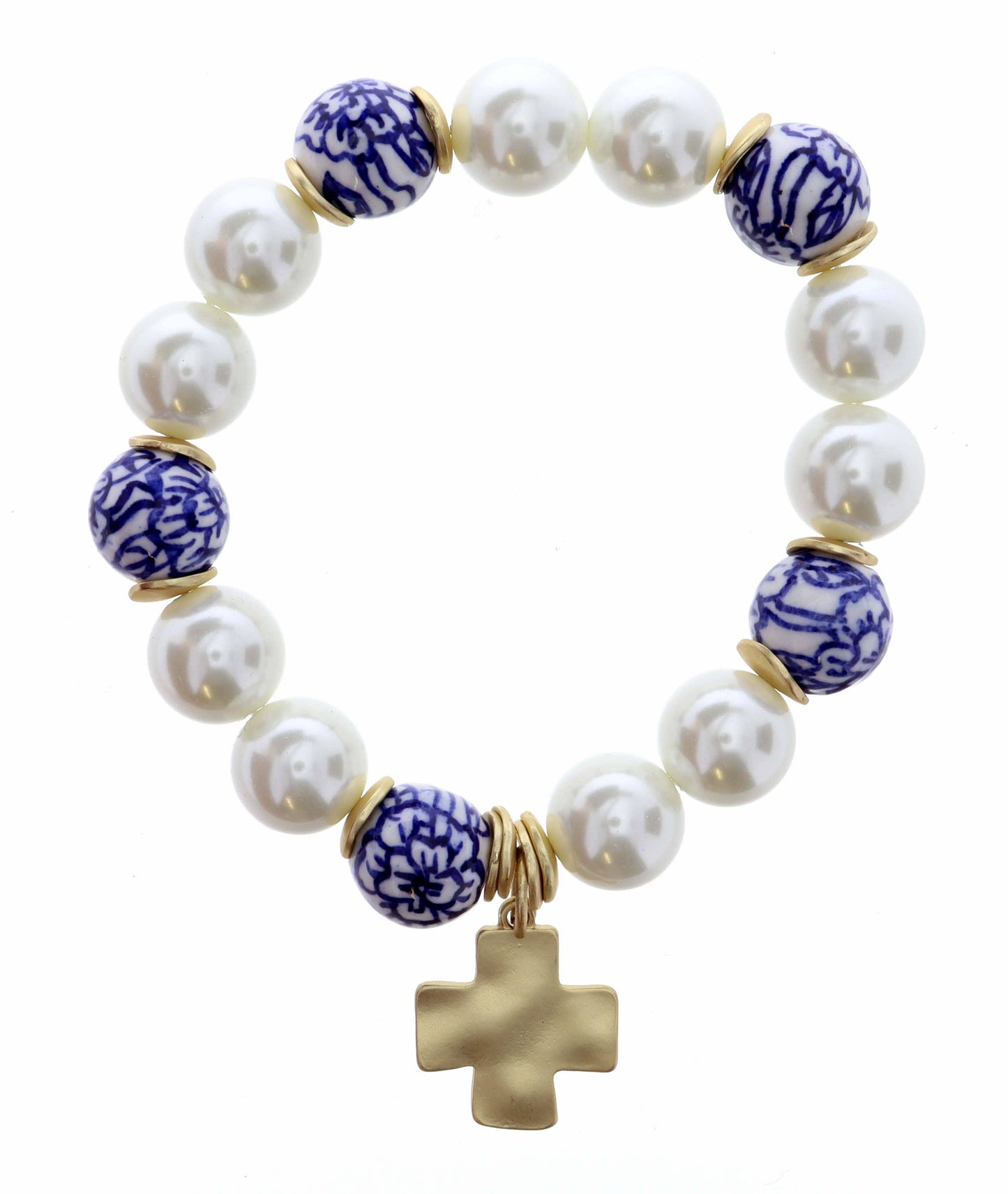 Square Cross on Pearl & Blue Porcelain Beaded Bracelet