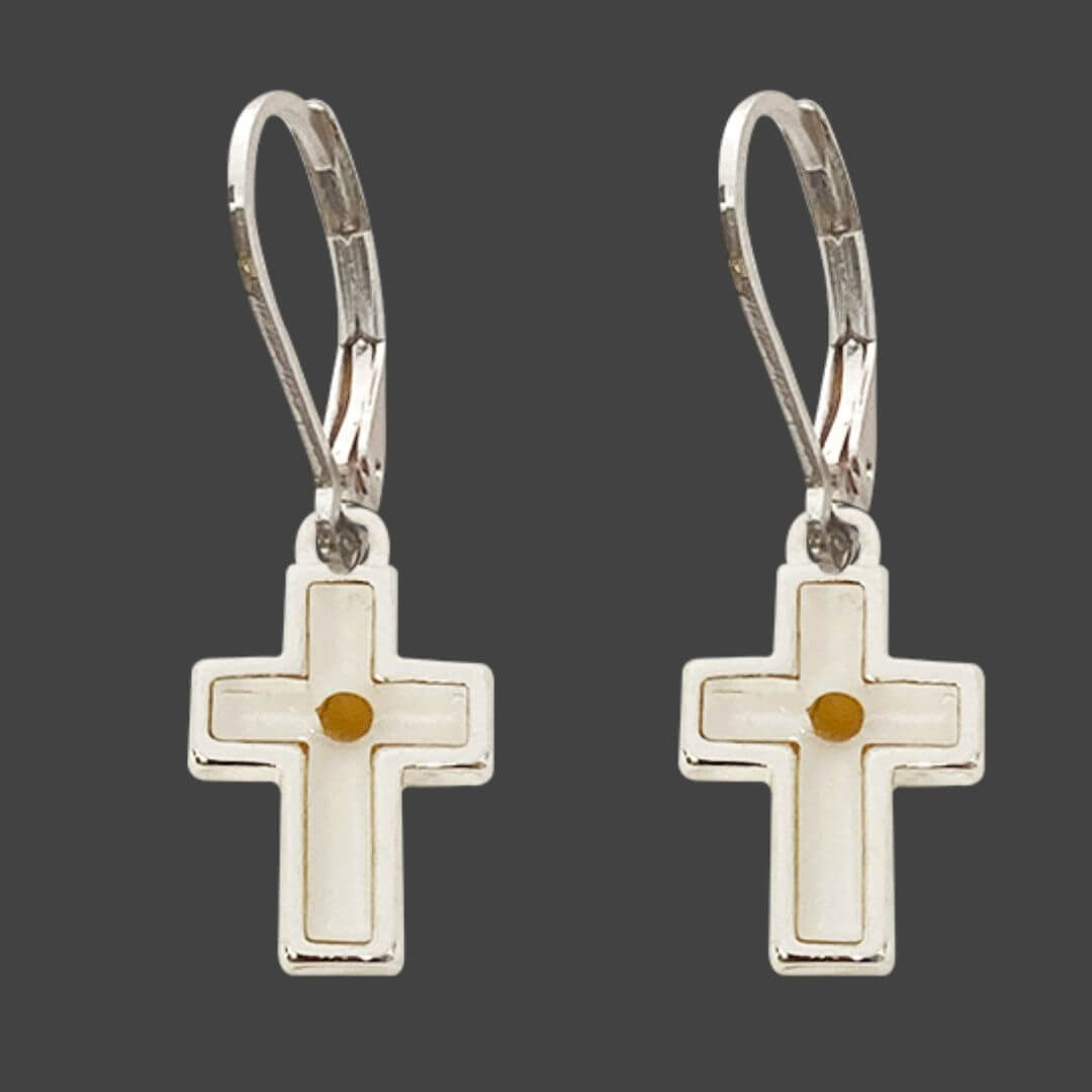 Cross Shaped Mustard Seed Lever Back Earrings