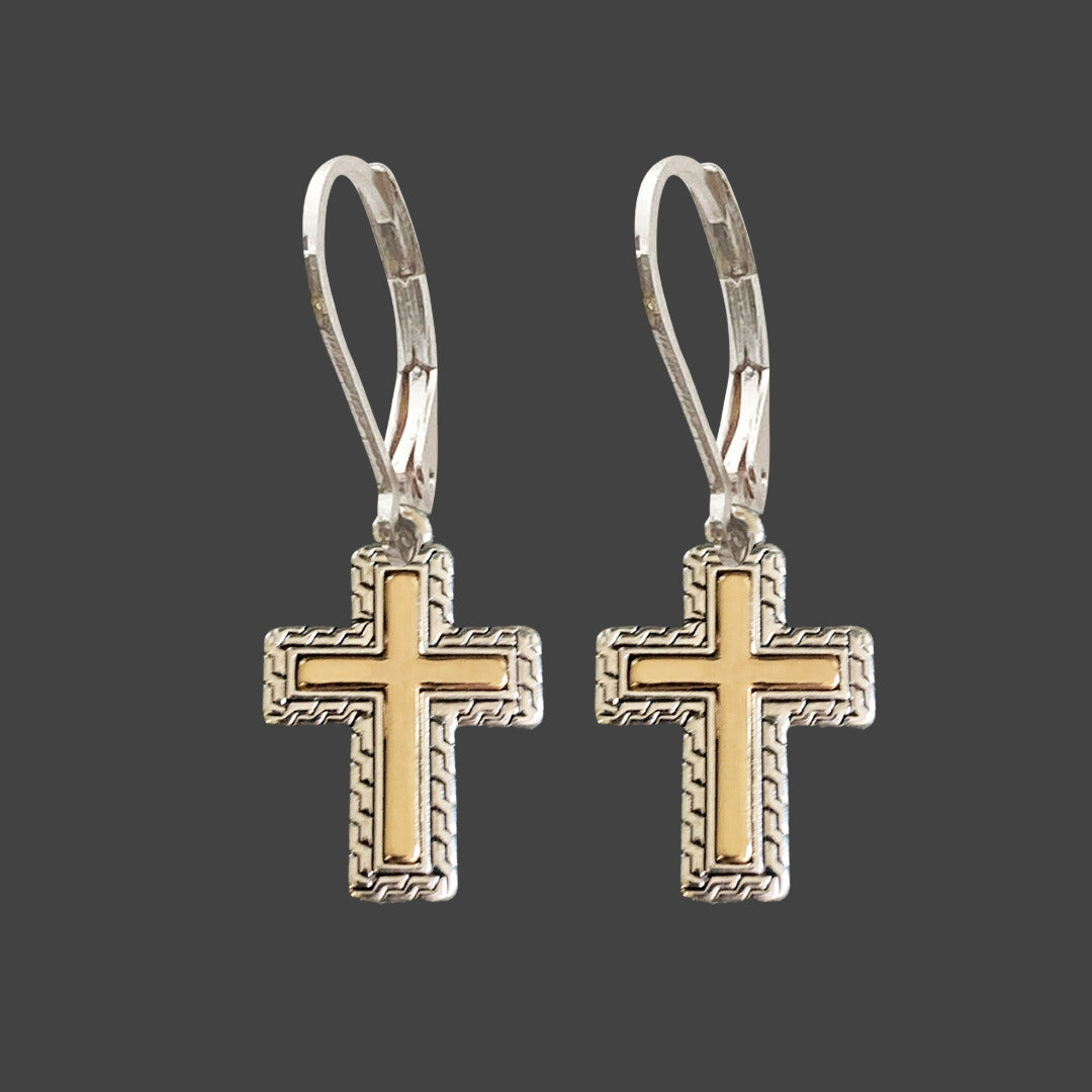 Two Tone Greek Key Cross Lever Back Earrings