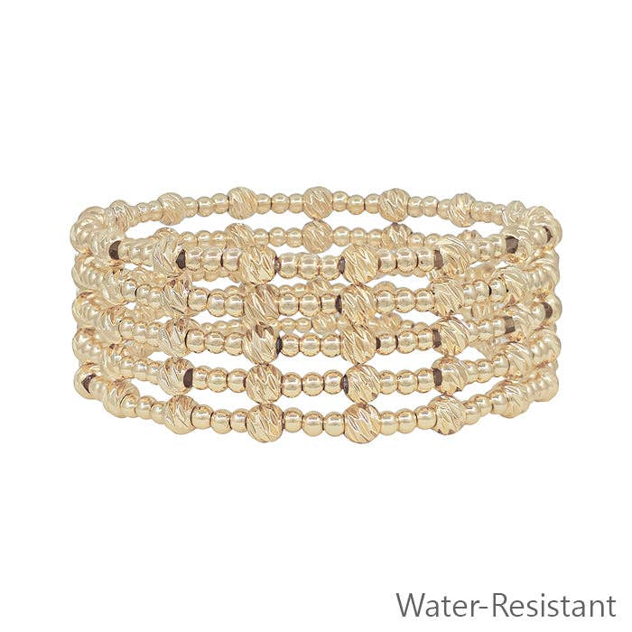 Water Resistant Gold 3mm Beaded Set of 5 Stretch Bracelets with Gold Accent Bead
