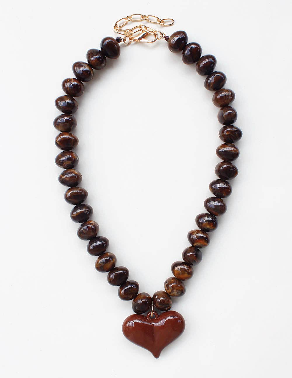 Brown Chunky Beaded with Brown Heart Charm 16"-18" Necklace
