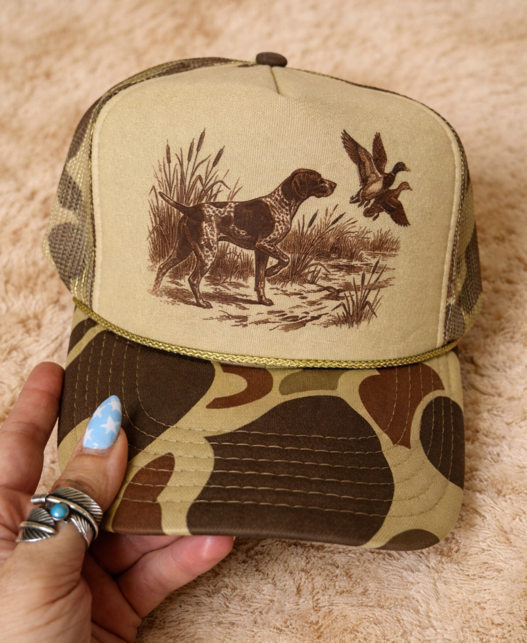 Duck Hunting Pointer Dog - Camo Olive Foam Otto Trucker Hat