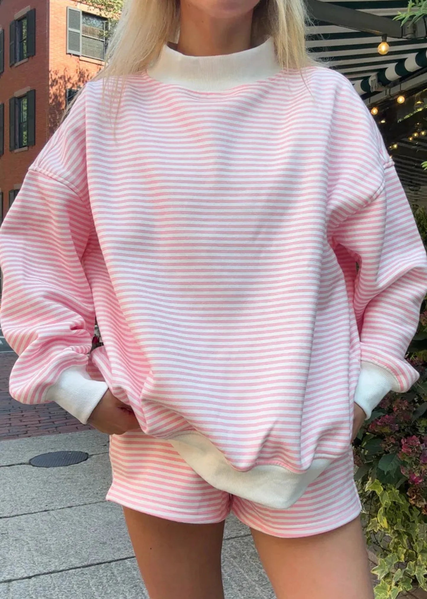 ELLIE MOCKNECK & SHORTS SET - STRIPE PINK AND WHITE
