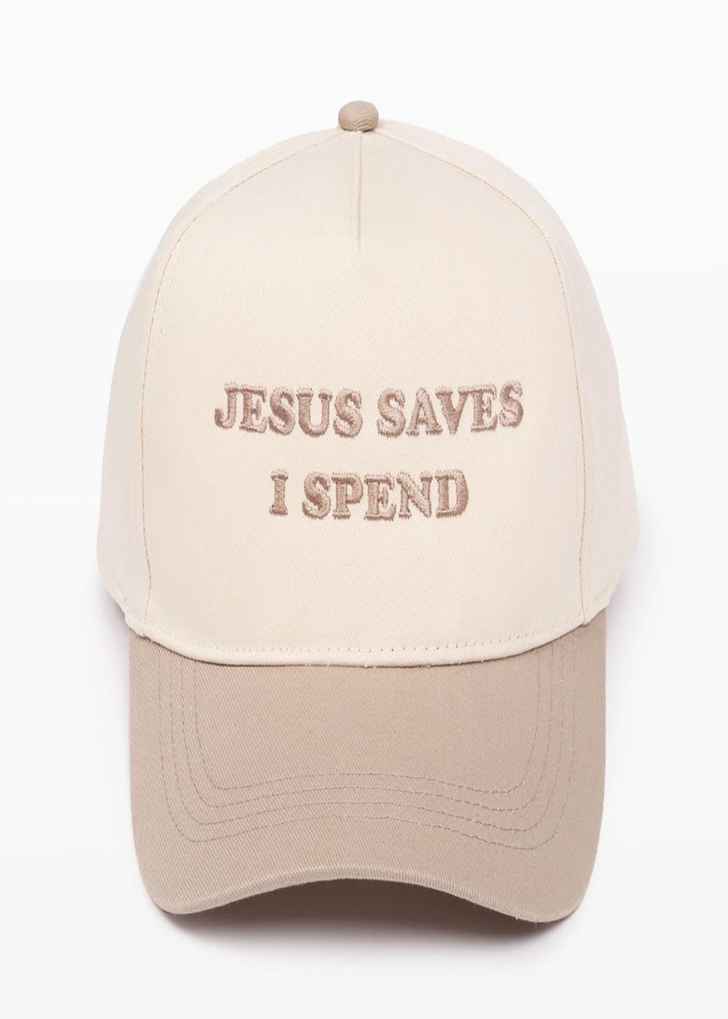 "JESUS SAVES I SPEND" Embroidered Two Tone Baseball Cap: Beige