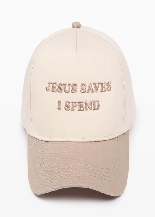 "JESUS SAVES I SPEND" Embroidered Two Tone Baseball Cap: Beige