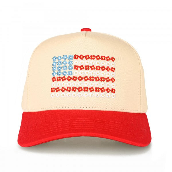 Two Tone Canvas Embroidered Flower Flag Baseball Cap
