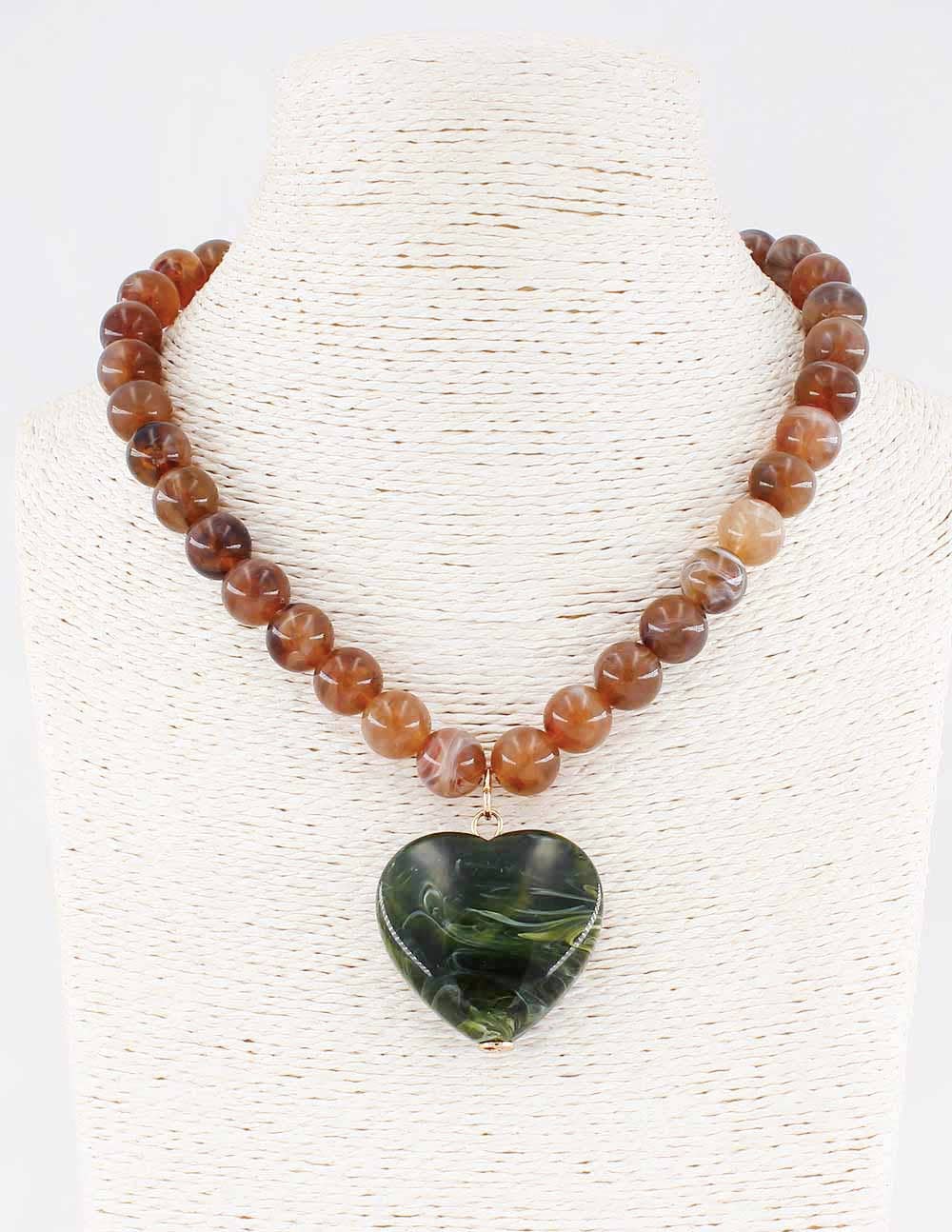 Brown Beaded with Green Stone Heart 16"-18" Necklace
