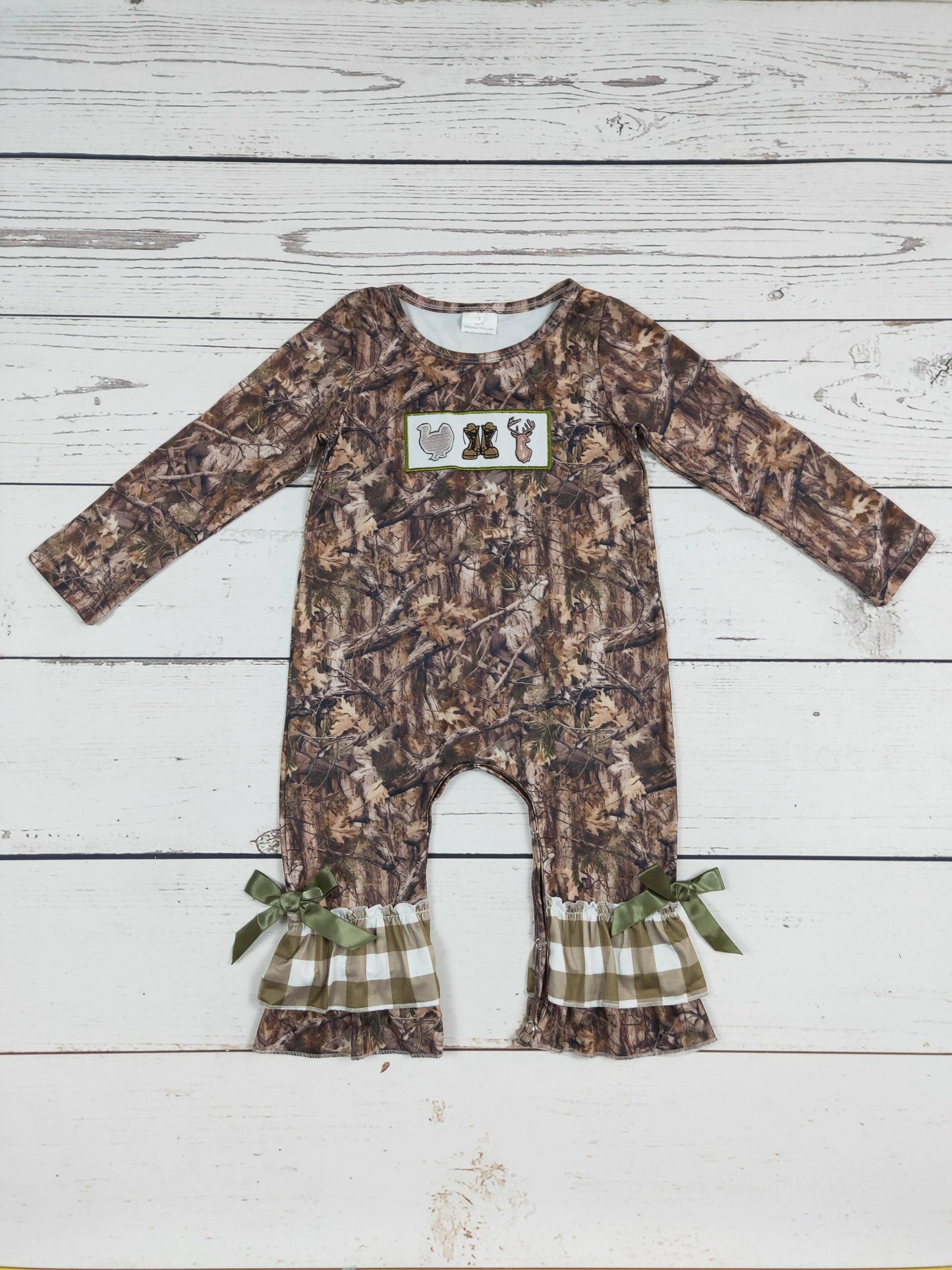 Baby Deer Camouflage Appliqué Ruffled Romper