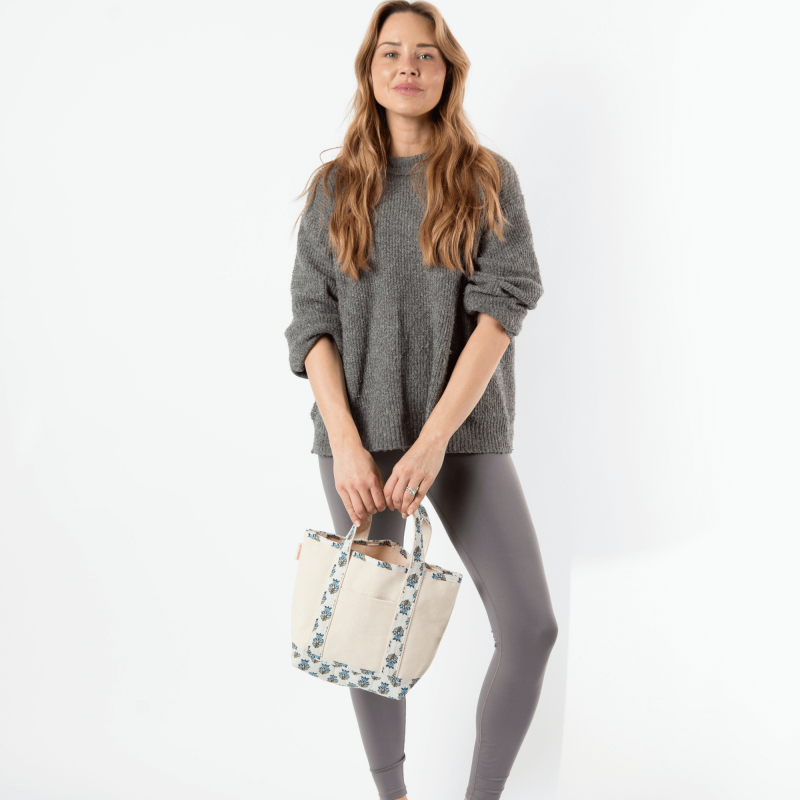 Block Print Handy Open Tote - Aqua