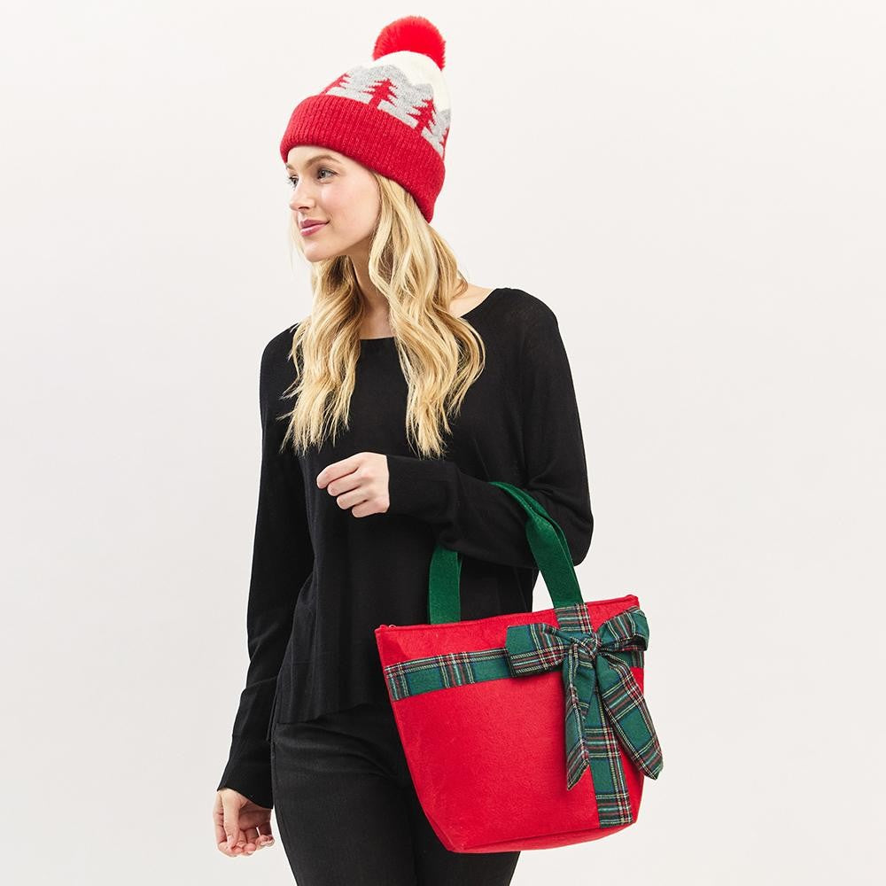 FELT CHRISTMAS TOTE BAG WITH PLAID BOW