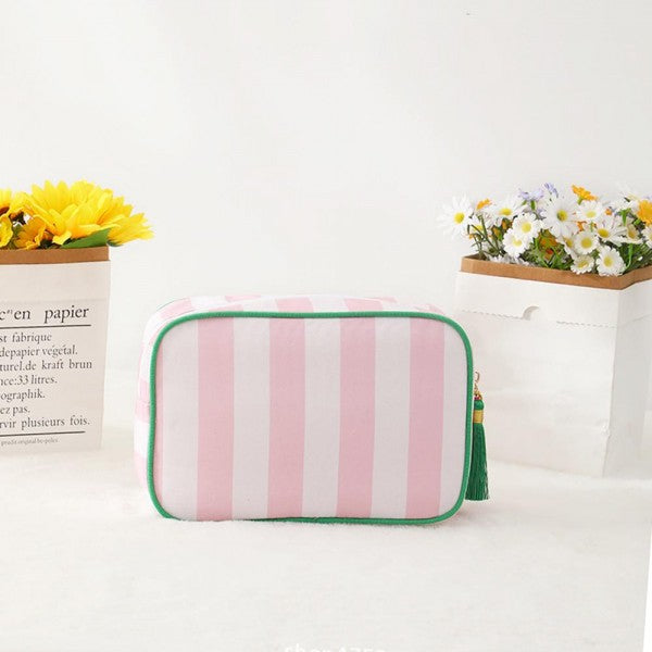 Striped Nylon Padded Pouch With Tassels