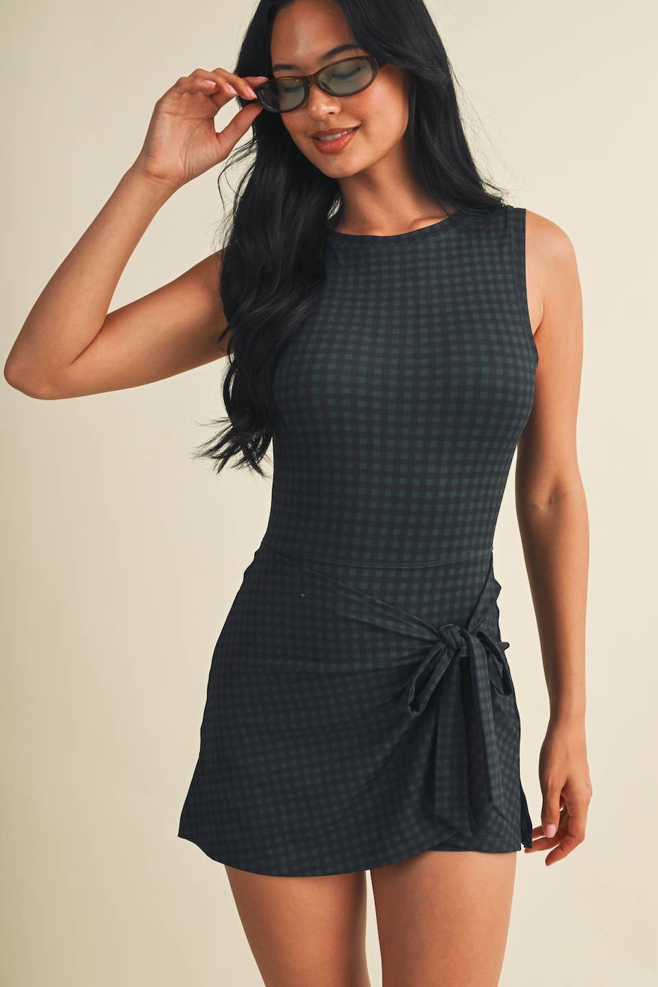 Gingham Print Sleeveless Wrap Tie Front Dress
