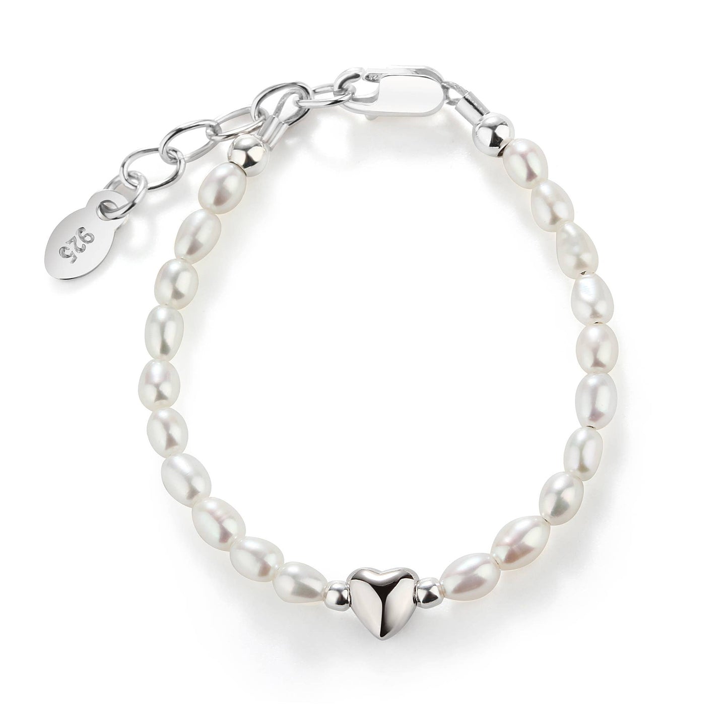 Girls Sterling Silver Pearl and Heart Baby Bracelet for Kids