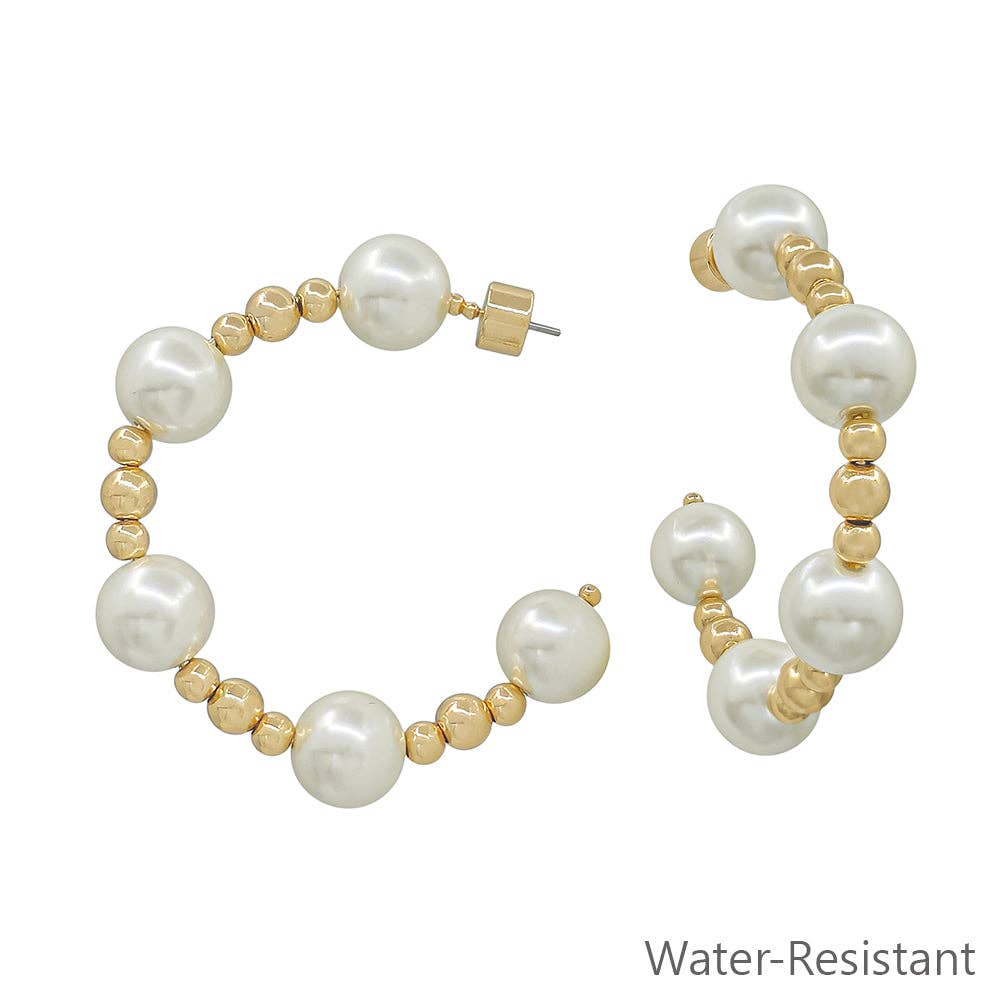 Water Resistant 10MM Beaded 2" Gold with Pearl Hoop Earring
