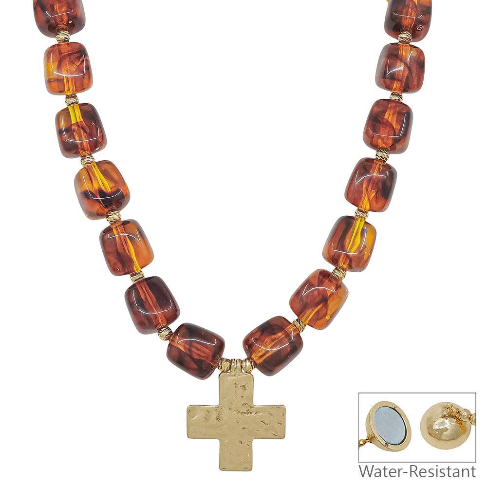 16MM Brown Resin Beaded Cross Necklace