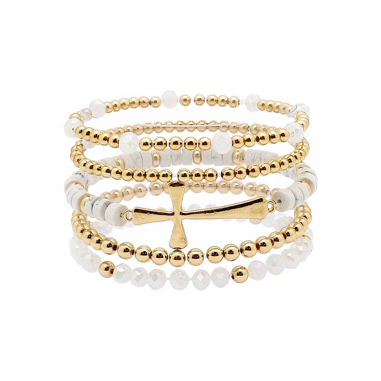 Set of 5 Gold, White Crystal, and Gold Cross Stretch Bracelet Set