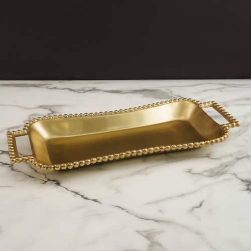 GOLD BEADED HANDLE ROUNDED RECTANGLE TRAY