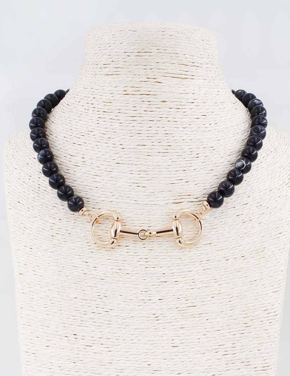 Black Beaded with Gold Horse Bit 16"-18" Necklace