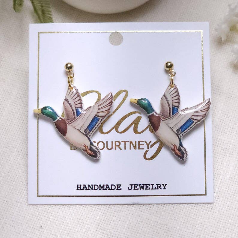 Mallard Duck Earrings, Handmade Polymer Clay Duckling Dangles