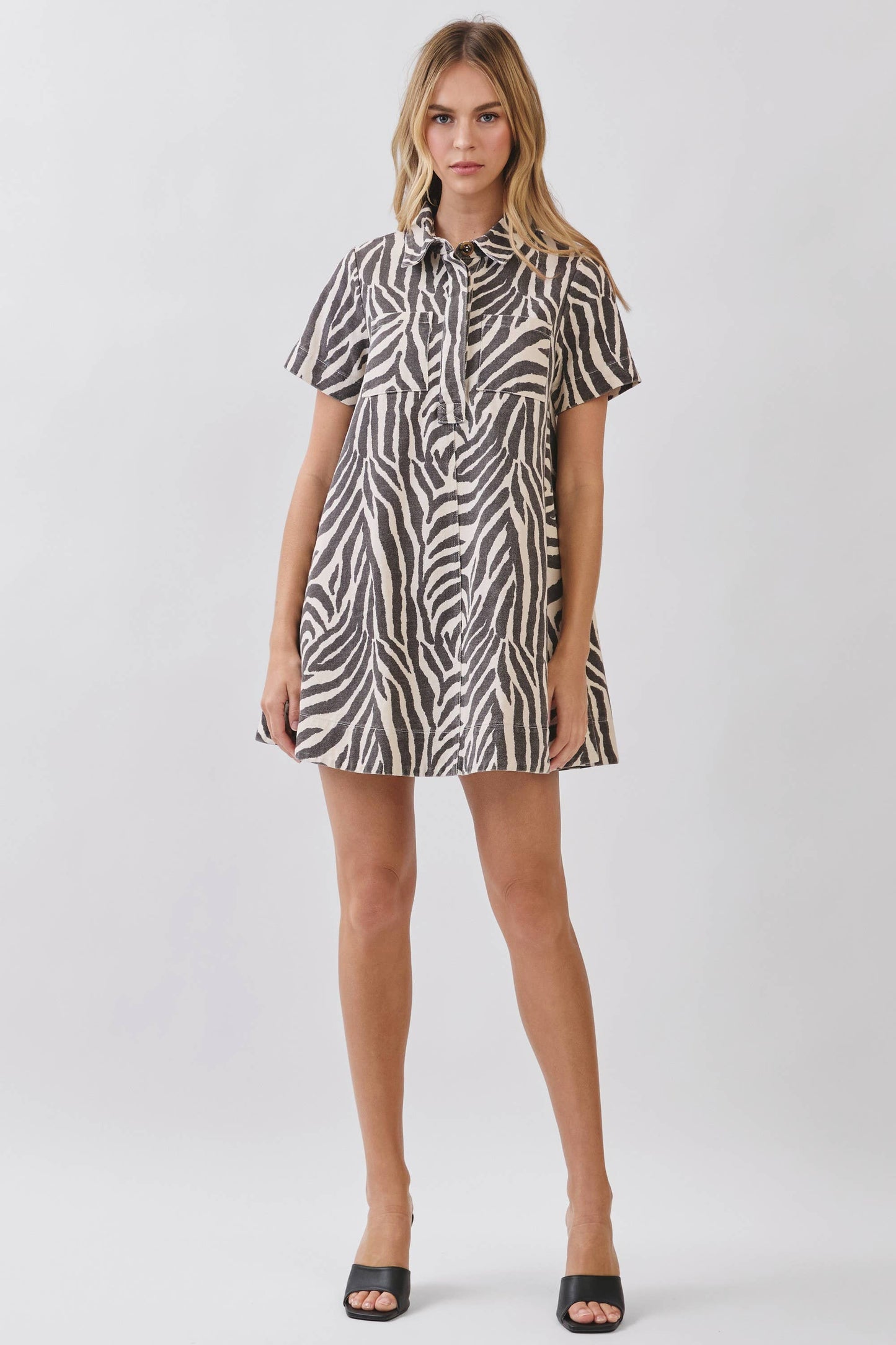 CD07293-Zebra Print Button Down Collared Mini Dress