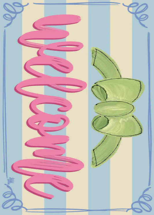 WELCOME DOORMAT: GREEN BOW/PINK LETTERS