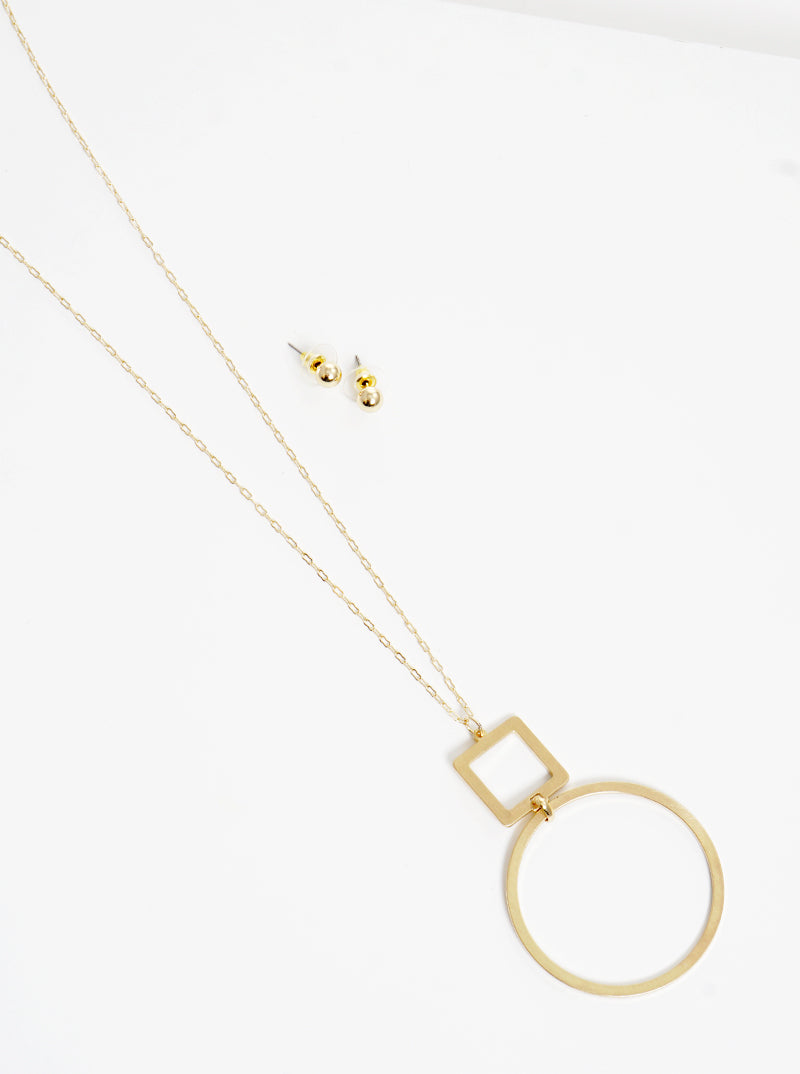 Brushed Metal Cutout Geometric Pendant Lightweight Long Necklace