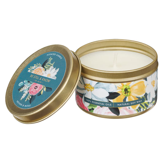 BE STILL AND KNOW VETIVER AND MOSS CANDLE IN A TIN - PSALM 46:10