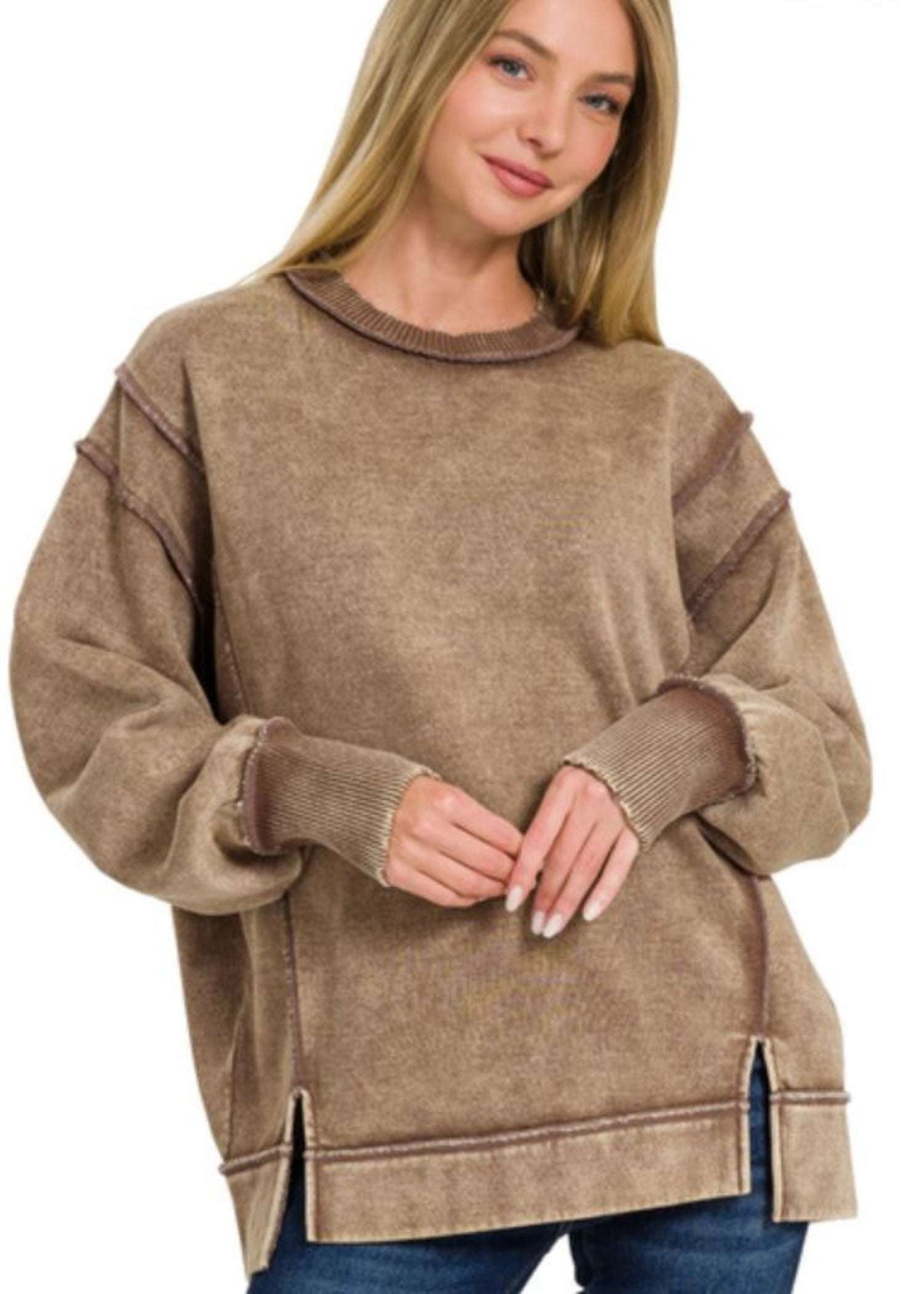 ACID WASH EXPOSED-SEAM FLEECE SWEATSHIRT - MOCHA