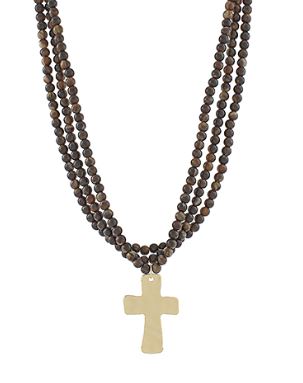 3 LAYERED CROSS BEAD NECKLACE - BROWN/GOLD